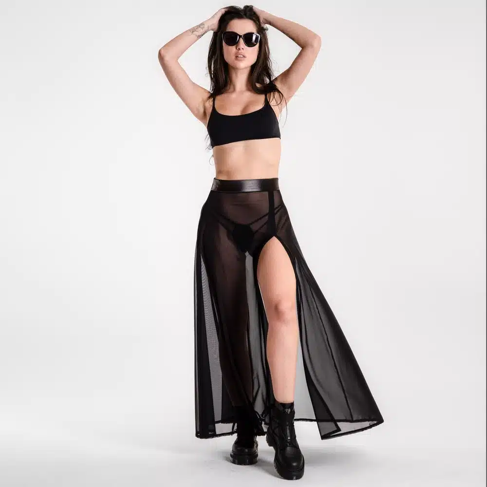 Lucky Cheeks | Festival Black - Schwarzer Mesh-Maxirock mit Schlitz – Bild 11
