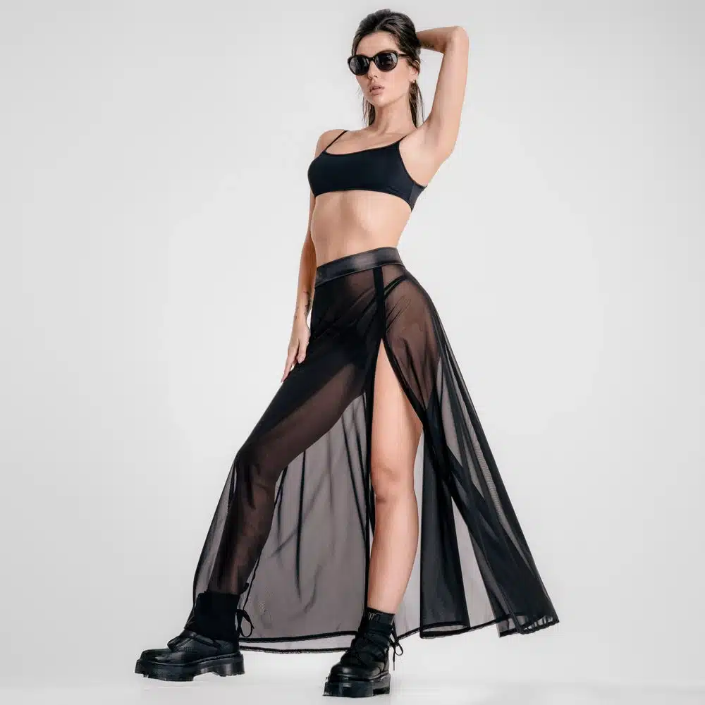 Lucky Cheeks | Festival Black - Schwarzer Mesh-Maxirock mit Schlitz – Bild 5